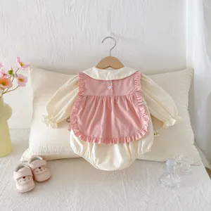 Süsses Baby Mädchen Langarm Strampler Set mit rosa Rüschen Weste und Schuhen süss Outfit