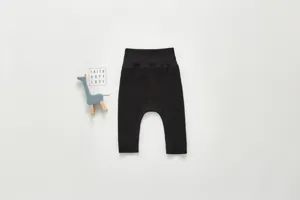High-waist ribbed cotton baby pants, comfortable infant long trousers, solid black daily wear.