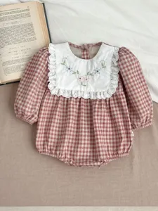 Baby girl vintage plaid romper featuring cute floral embroidered white lace collar and long sleeves.
