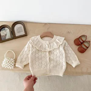 Baby girl hollow-out knit cardigan with large ruffle collar, sweet long sleeve spring sweater.