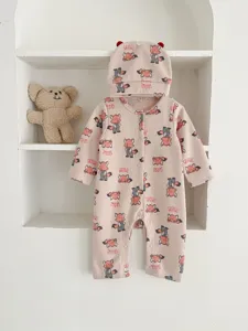 Newborn infant cute cartoon fox print waffle long sleeve romper and hat set for baby.