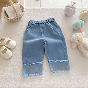 Kids washed denim wide leg pants with fringe hem casual toddler jeans cute style autumn