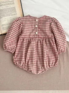 Infant baby girl red white plaid long sleeve romper with back buttons and cute ruffles.