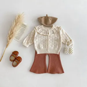 Toddler baby girls knitted cardigan sweater with ruffle collar and flare pants set spring outfit