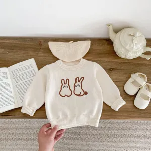 Baby cute rabbit embroidered knit sweater set with matching hat for infant autumn warm top.