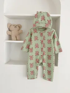 Newborn baby waffle romper cute bear print infant bodysuit long sleeve clothing set.