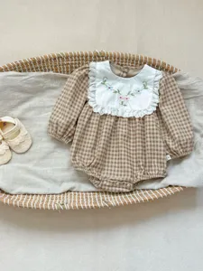 Infant baby girl cute plaid long sleeve romper with lace embroidered big collar baby bodysuit