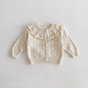 Cute baby girl knit cardigan with ruffles, hollow-out design, and long sleeves for spring.