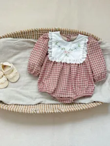 Cute baby girl long sleeve plaid romper with floral embroidered collar infant toddler clothes