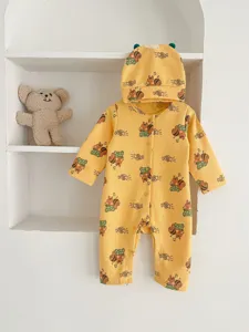 Infant waffle romper detail showing cute squirrel print texture and long sleeve design.