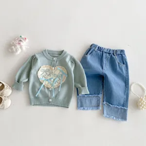 Kids sweet knit cardigan and washed denim pants set with cute heart bow, fashionable outfit.