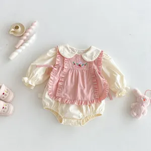 Kleinkind Baby Mädchen langarm Strampler mit rosa Weste Set süße Hasen Stickerei Herbstkleidung