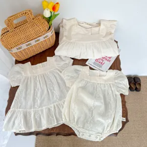 Korean style baby girls summer embroidery white dress puff sleeve infant toddler romper clothing