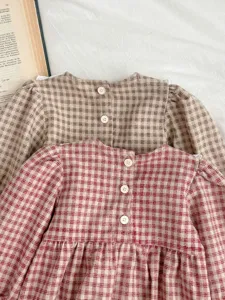 Cute infant baby girls plaid dresses, long sleeve toddler cute checkered rompers clothing.
