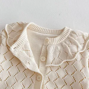 Infant baby knit cardigan detail, hollow out cotton sweater with large ruffle collar, beige.