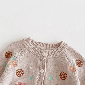 Toddler girls knit cardigan detail, vintage embroidered floral sweater coat, warm baby apparel.