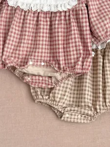 Cute baby girl cotton plaid romper with sweet lace collar, soft spring infant clothes.