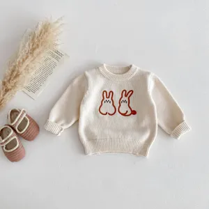 Cute baby knitted sweater with lovely rabbit embroidery, soft cotton long sleeve top for infant.