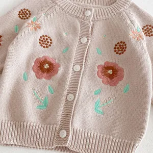Detailed view of baby girl knitted cardigan with floral embroidery and cute white buttons.