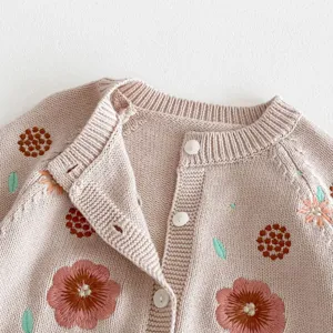 Baby knit cardigan detail, cute floral embroidery pattern, soft fabric close-up view.