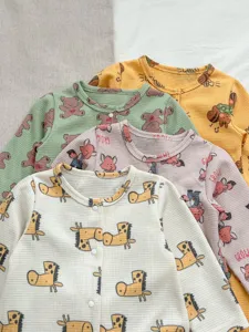 Infant waffle bodysuit cute animal print baby long sleeve top cozy toddler clothing