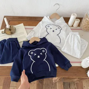 Conjunto de sudadera con capucha y pantalón para bebé, detalle de oso, ropa casual de otoño.