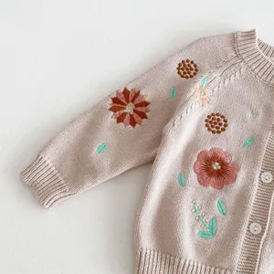 Close-up detail of infant pink knitted cardigan featuring delicate floral embroidery and buttons.