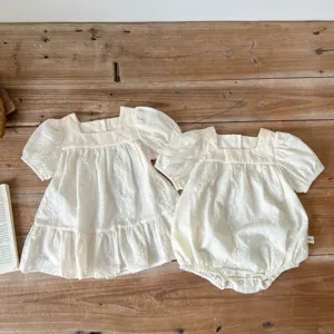 Cute infant baby girl summer white embroidered dress and sweet puff sleeve romper set