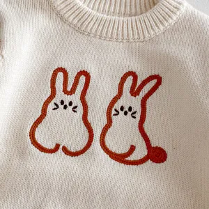 Adorable baby knit sweater detail with cute rabbit embroidery, soft cotton yarn fabric, cozy.