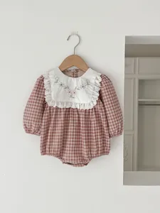 Infant baby girl spring long sleeve plaid romper with embroidered collar, cute toddler clothes.