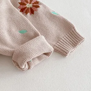 Close-up detail of infant pink knit cardigan sleeve with delicate floral and leaf embroidery.
