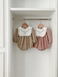 Cute baby plaid romper with embroidered collar detail, long sleeve infant toddler one-piece clothes.