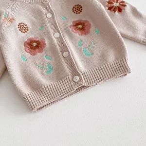 Close-up detail of infant baby girl pink knit cardigan featuring delicate floral embroidery.