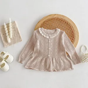 Baby girl knitted cardigan, summer breathable hollow thin cotton gauze baby jacket details.
