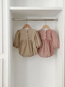 Infant baby girl cute plaid long sleeve romper detail, soft fabric, snap button closure.