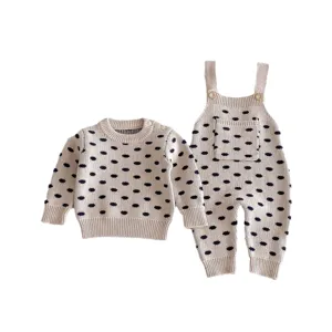 Baby knit sweater and overalls set, cute polka dot design, comfortable cotton wear.
