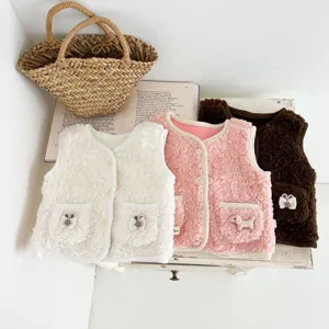 Infant Baby Girls Winter Thickened Sherpa Fleece Vest Cute Rabbit Pocket Single-Breasted Cardigan Warm Outerwear