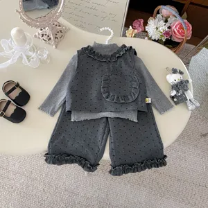 Girls polka dot 3-piece outfit spring set long sleeve top vest and ruffle pants toddler.