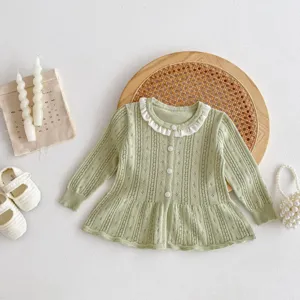 Infant baby green knitted cardigan with white ruffle collar cute breathable thin summer jacket