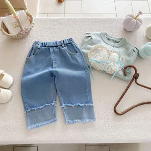Cute toddler girls stylish denim wide leg pants and knitted cardigan autumn outfit set.