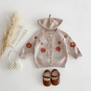 Infant baby girl knitted cardigan sweater set with delicate floral embroidery and matching beret.