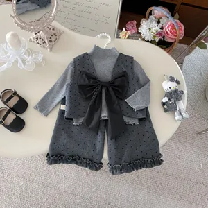Cute Toddler Girls Spring 3-Piece Polka Dot Outfit Set with Bowknot Vest and Shorts