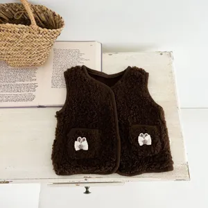Brown fleece baby vest detail, cozy winter sherpa outerwear, cute pocket decoration.