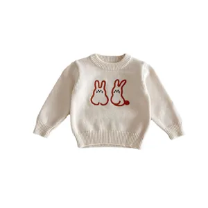 Cute baby knit sweater with rabbit embroidery, soft cotton long sleeve pullover for spring autumn.