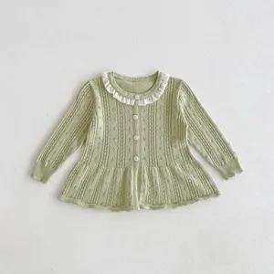 Baby girl knitted cardigan with ruffled collar, lightweight hollow-out thin cotton sun protection coat.