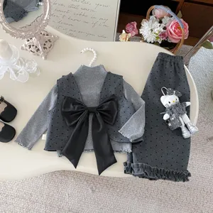 Toddler girls spring clothing set, grey polka dot three piece outfit with bow cute style.