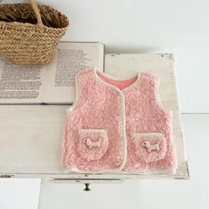 Infant baby girl pink lamb wool fleece vest, cute dog pocket cardigan, thick warm winter top.