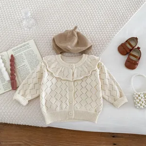 Toddler baby girl knit cardigan sweater set with ruffle collar and matching beret.
