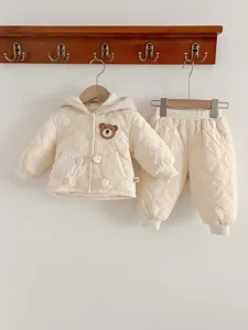Baby Winter Thickened Cotton Padded Jacket And Pants Set Infant Cute Cartoon Bear Hooded Fleece Lined Warm Two Piece Outfit