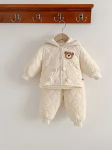 Infant baby winter padded cotton jacket and pants set with cute bear detail, warm detail.